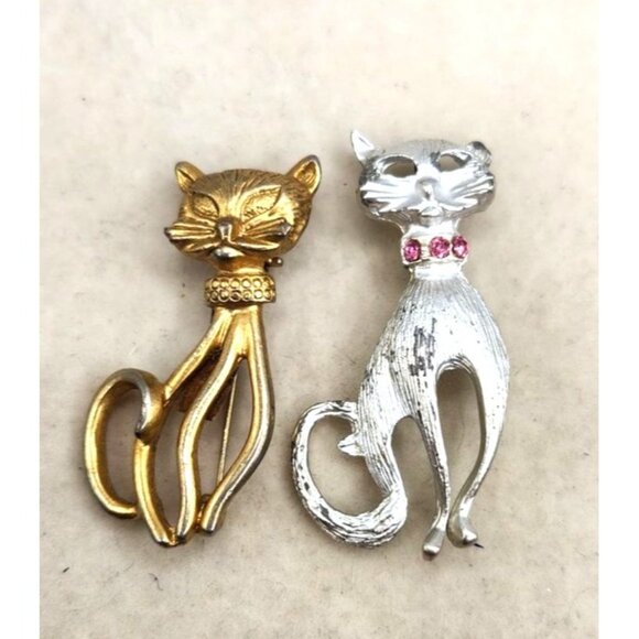 2 Vintage Metal Cat Brooches - Gold Tone & Silver Tone - Picture 3 of 3